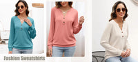 Fantaslook V Neck Sweatshirts for Women Casual Long Sleeve Shirts Button Pullover Tops Fashion Fall Outfits