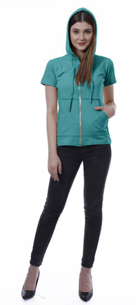 Moomaya Womens Zip Up Hoodie Short Sleeves Top Pockets Casual Hoodies