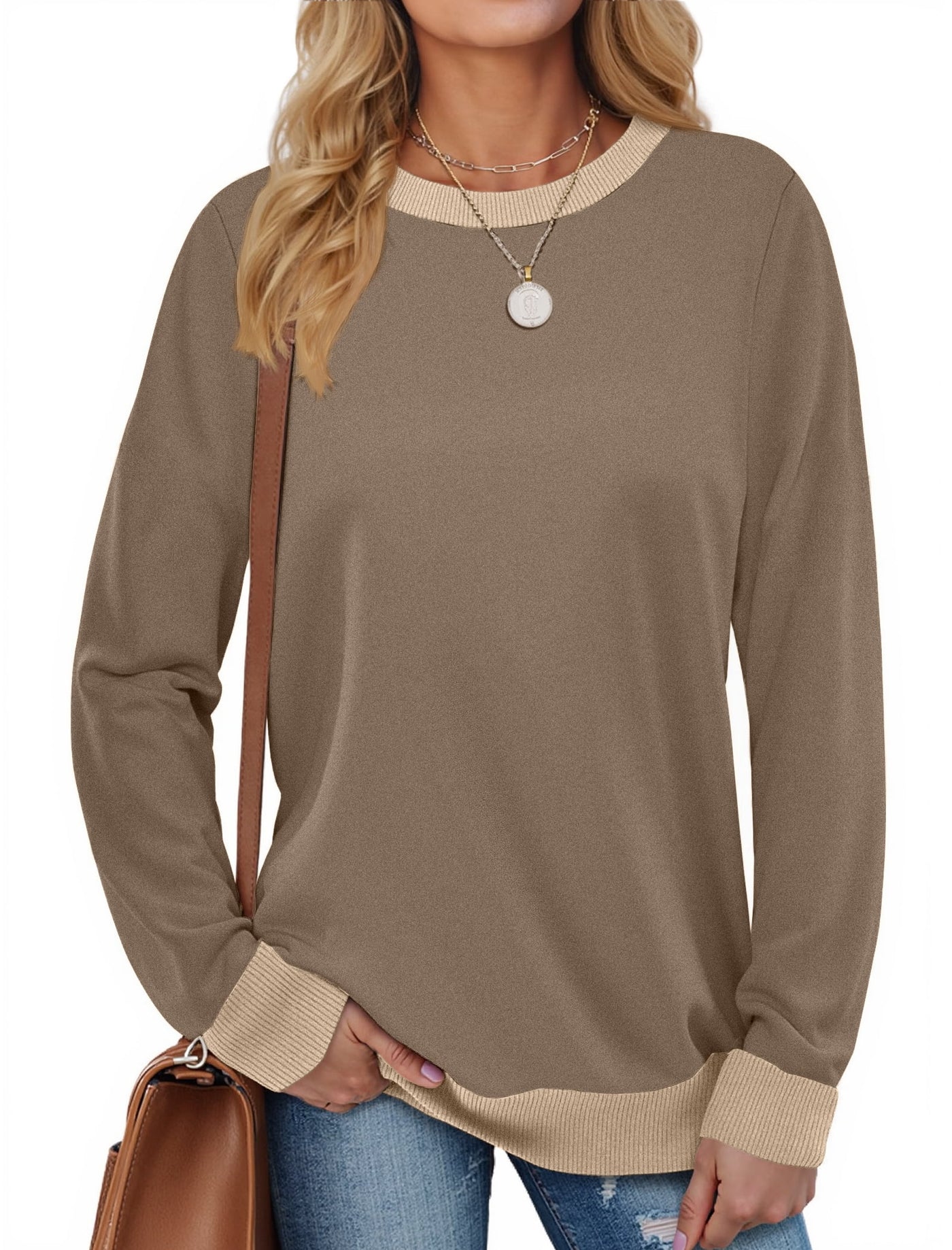 Fantaslook Color Block Sweatshirts for Women Crewneck Long Sleeve Shirts Fashion Tops Pullover Sweatshirts Fall Outfits