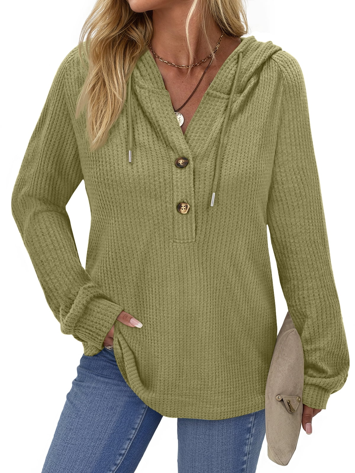 Fantaslook Hoodies for Women Waffle Knit Sweatshirts Drawstring Long Sleeve Tops Button V Neck Pullover