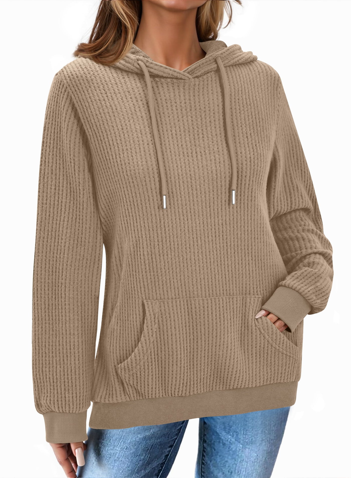 Fantaslook Womens Hoodies Casual Long Sleeve Waffle Pullover Tops Oversized Hooded Sweatshirts with Pocket