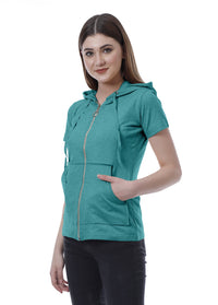 Moomaya Womens Zip Up Hoodie Short Sleeves Top Pockets Casual Hoodies